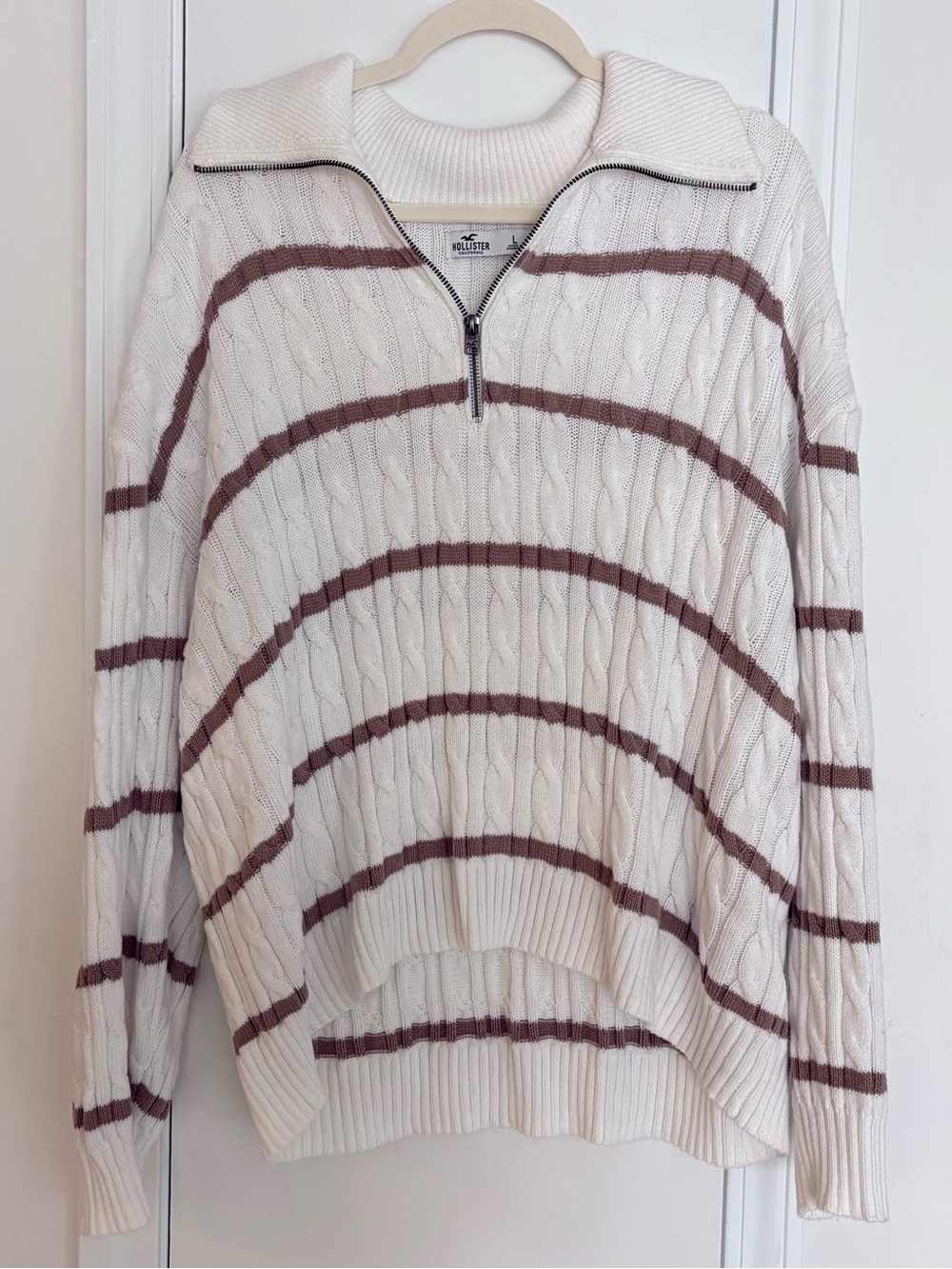 Hollister Cream Cable-Knit Half-Zip Sweater with Brown Stripes